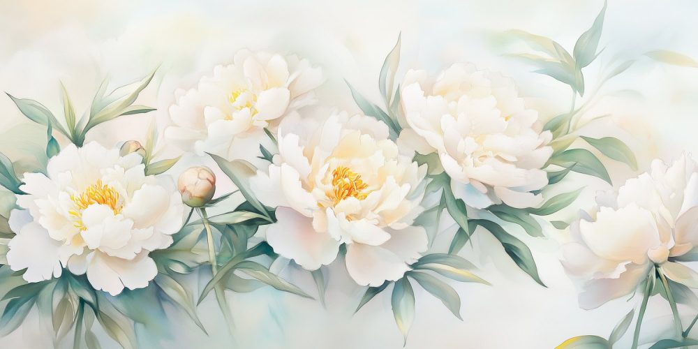 Witte pioenrozen met gele harten behang