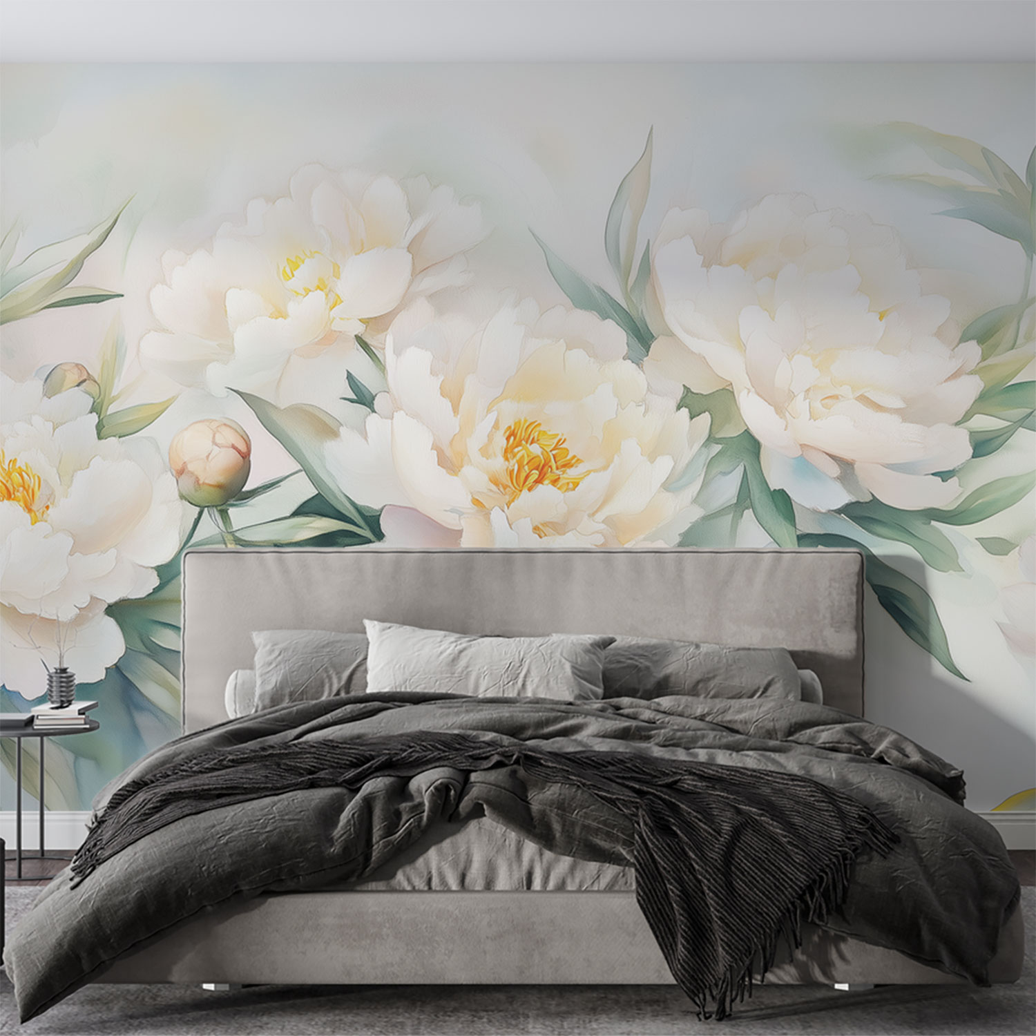 Witte pioenrozen met gele harten behang - Afbeelding 4