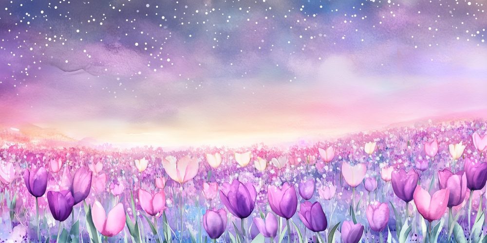 Magische tulpen onder sterrenhemel behang