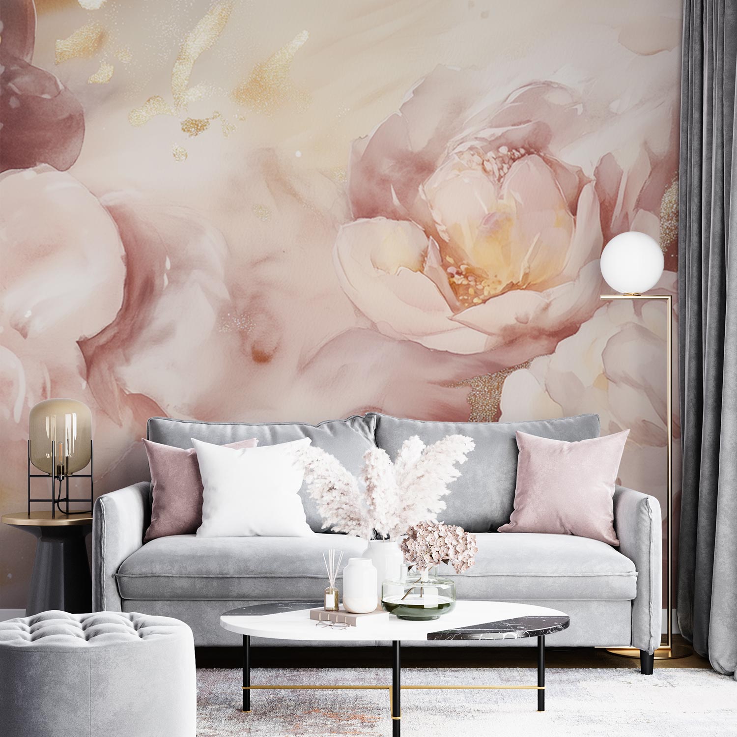 Gouden Glitter Bloemenarrangement behang - Afbeelding 3