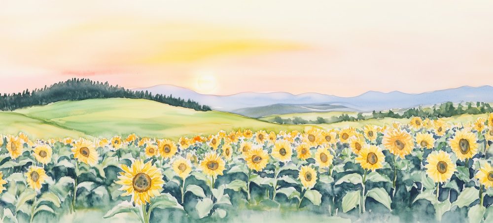 Zonnige Zonnebloemen Waterverfschilderij behang