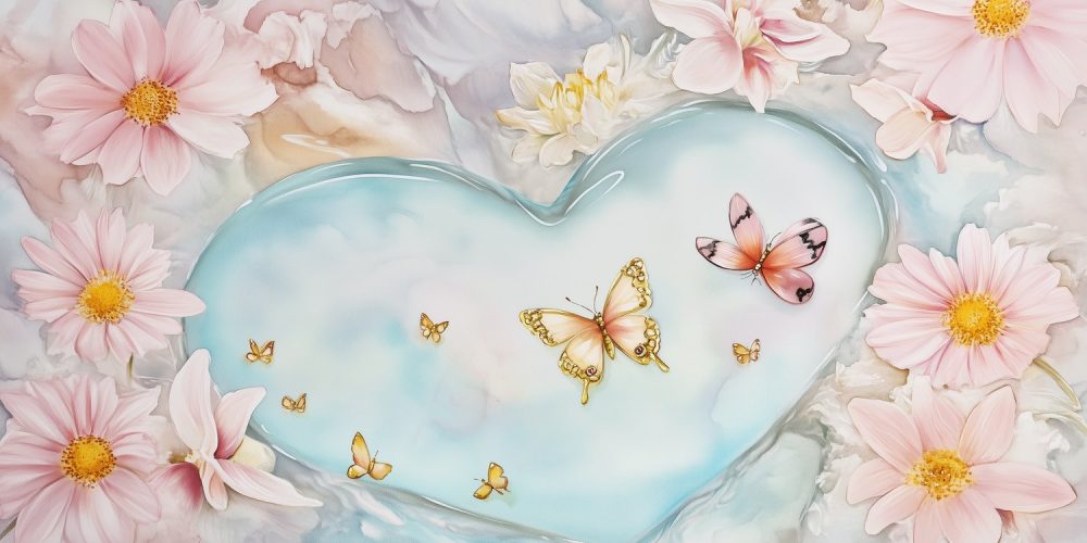 Blauw Hart Zwembad Bloemen behang