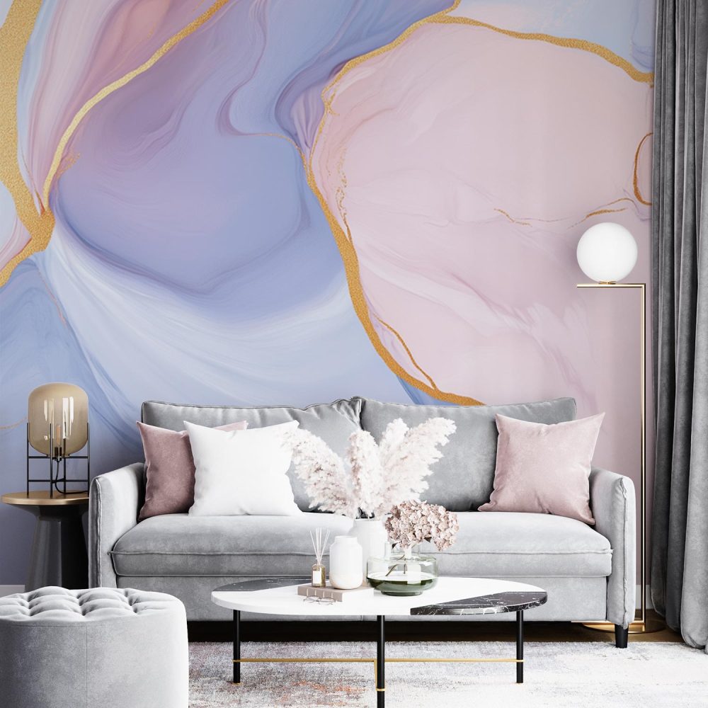 Alternative view of Marmeren Blauw Roze Goud behang