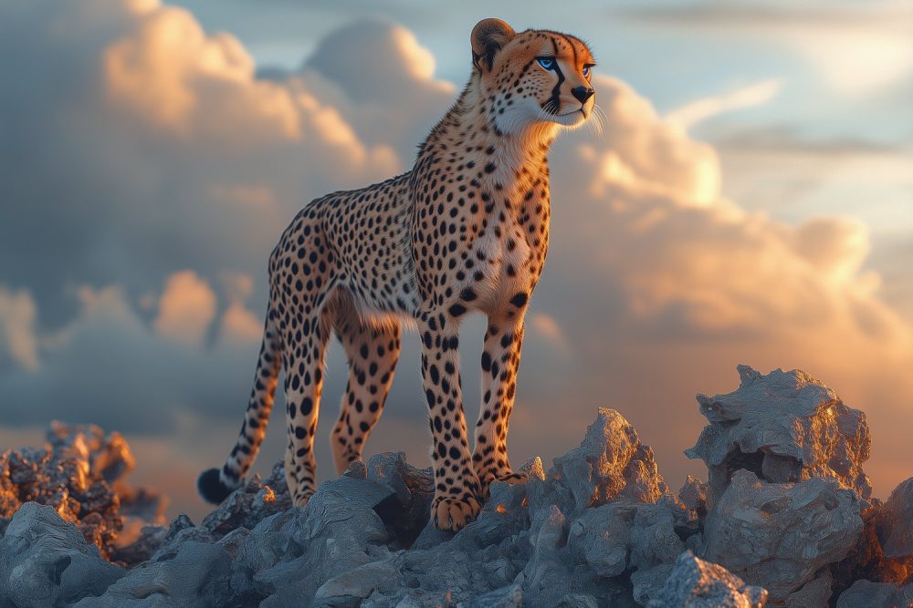 Majestueuze Cheetah in Zonsondergang behang