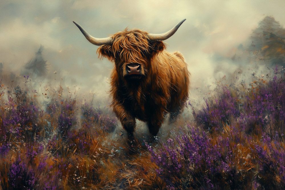 Majestueuze koe in paarse bloemen behang