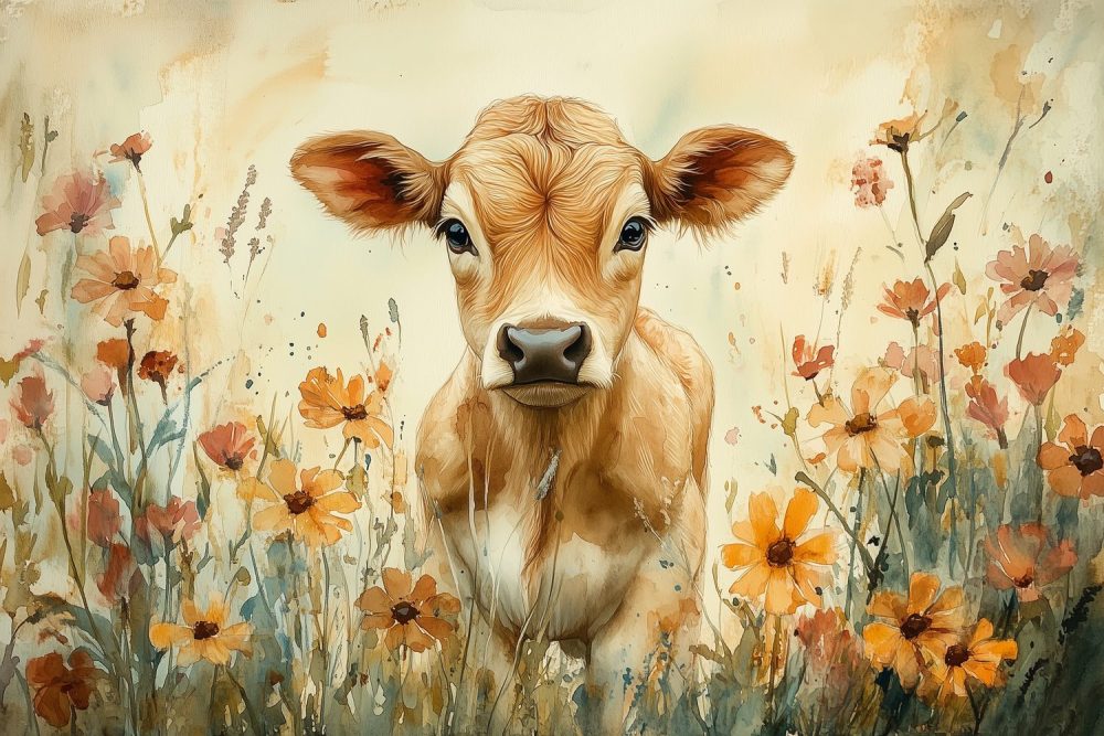 Blije koe in bloemenveld behang