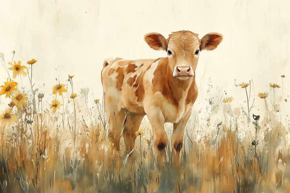 Rustige koe in bloemenveld behang
