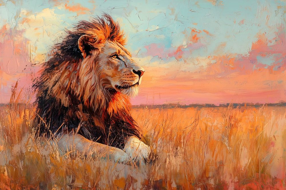 Majestueuze leeuw bij zonsondergang behang