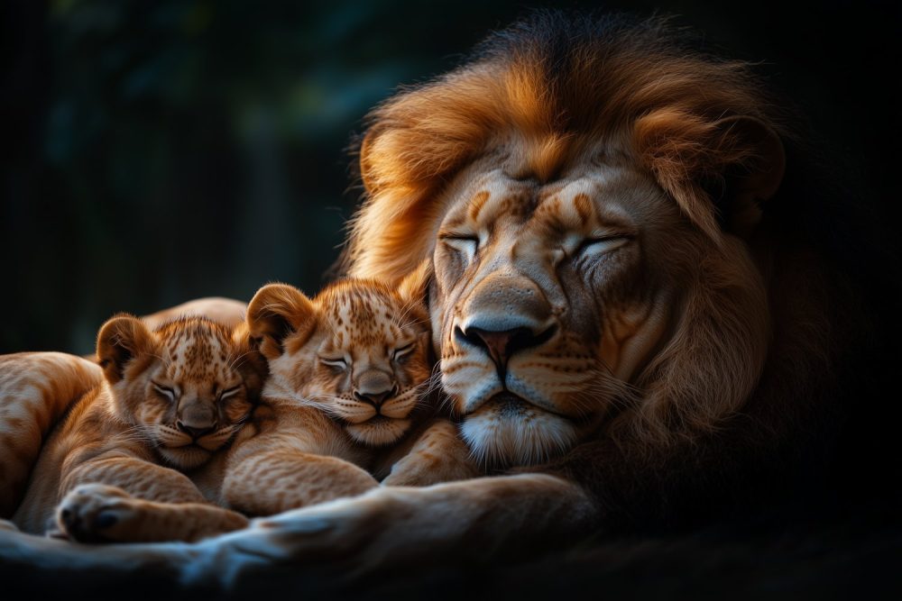 Liefdevolle leeuwenrust behang