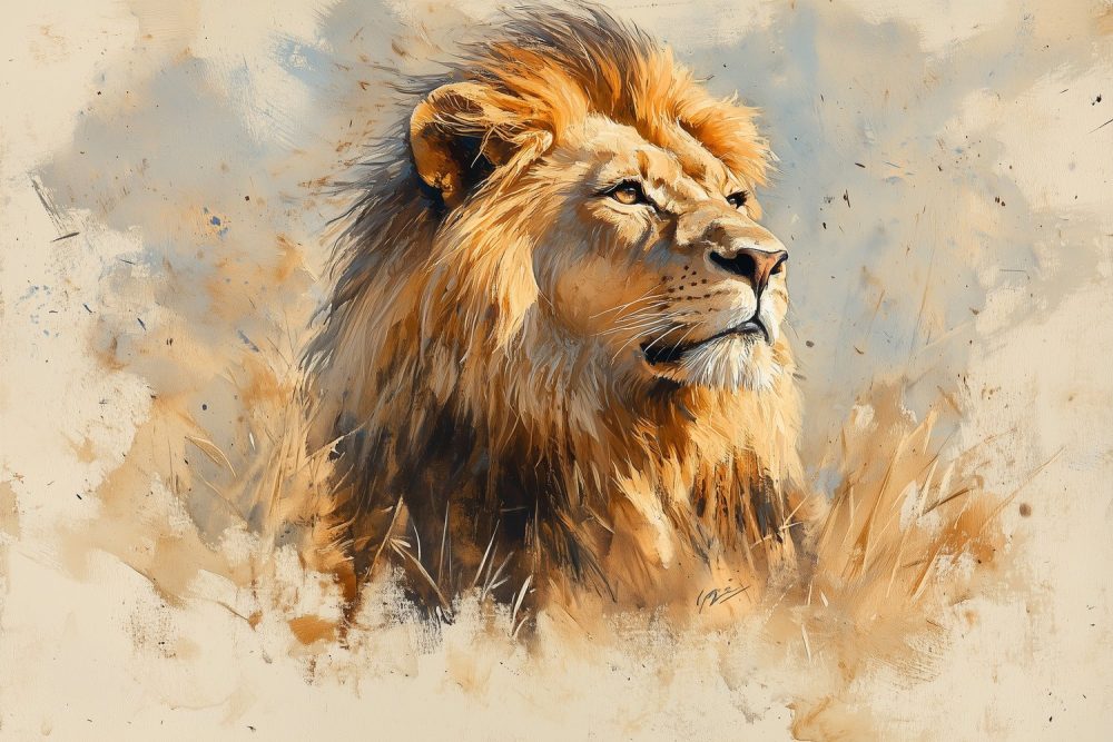 Majestueuze leeuw in savanne behang