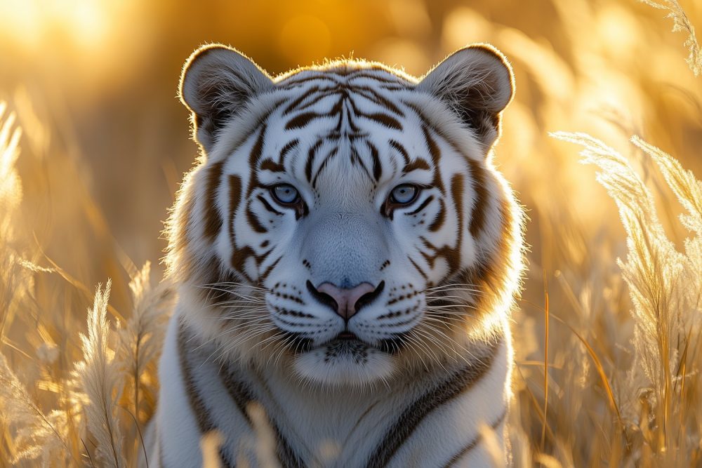 Witte tijger in gouden gras behang
