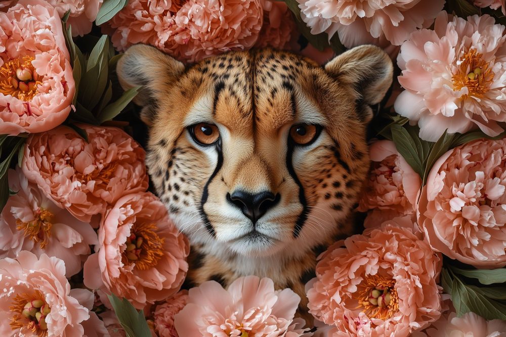 Cheetah tussen roze pioenen behang