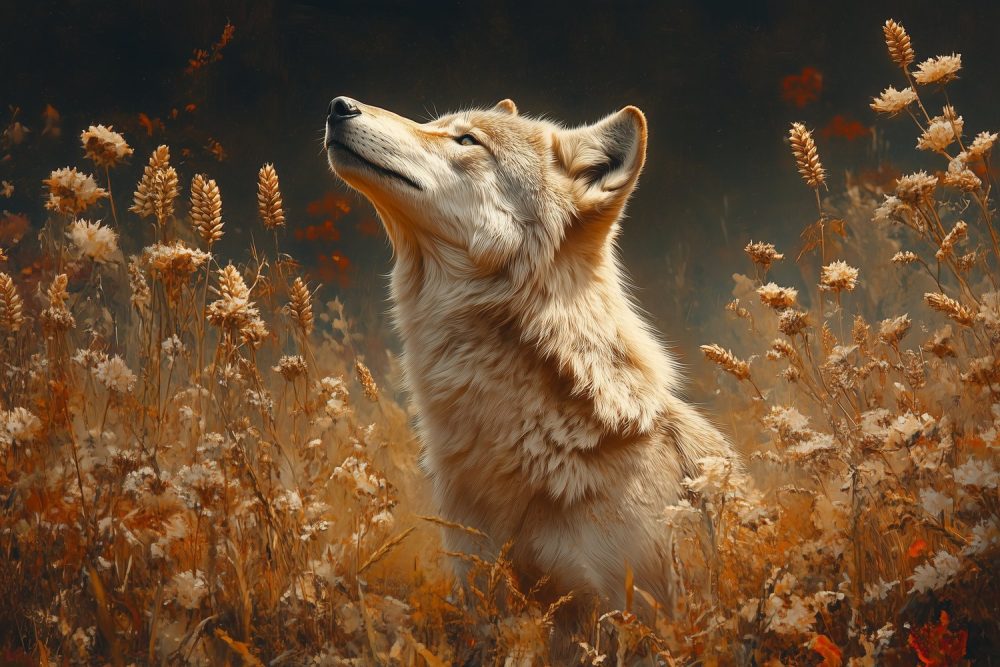 Gouden Wolf in Bloemenveld behang