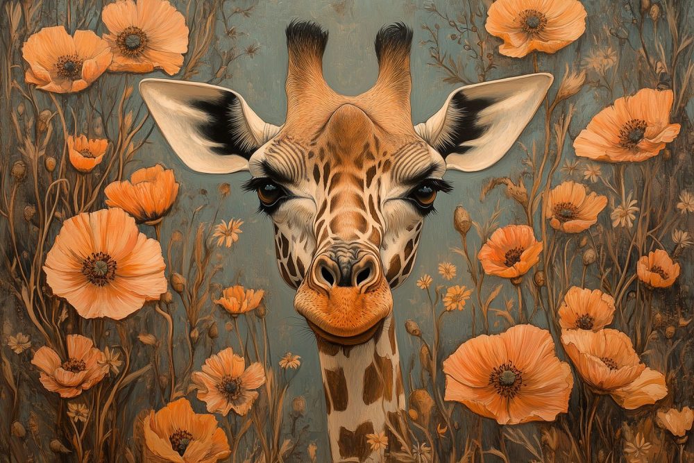 Giraf tussen oranje bloemen behang