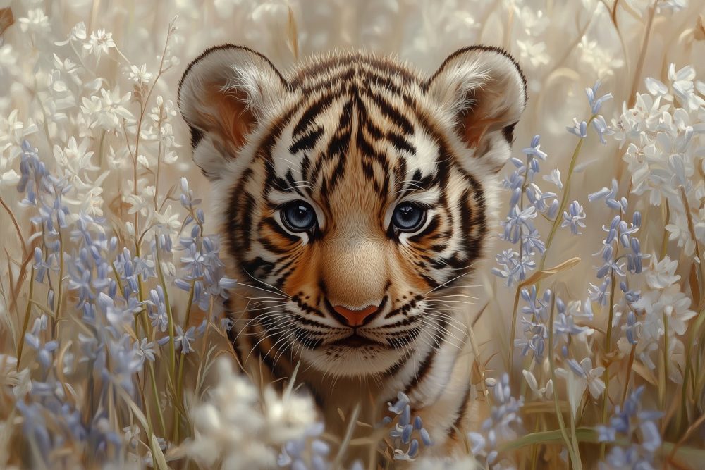 Tijgerwelp tussen blauwe bloemen behang
