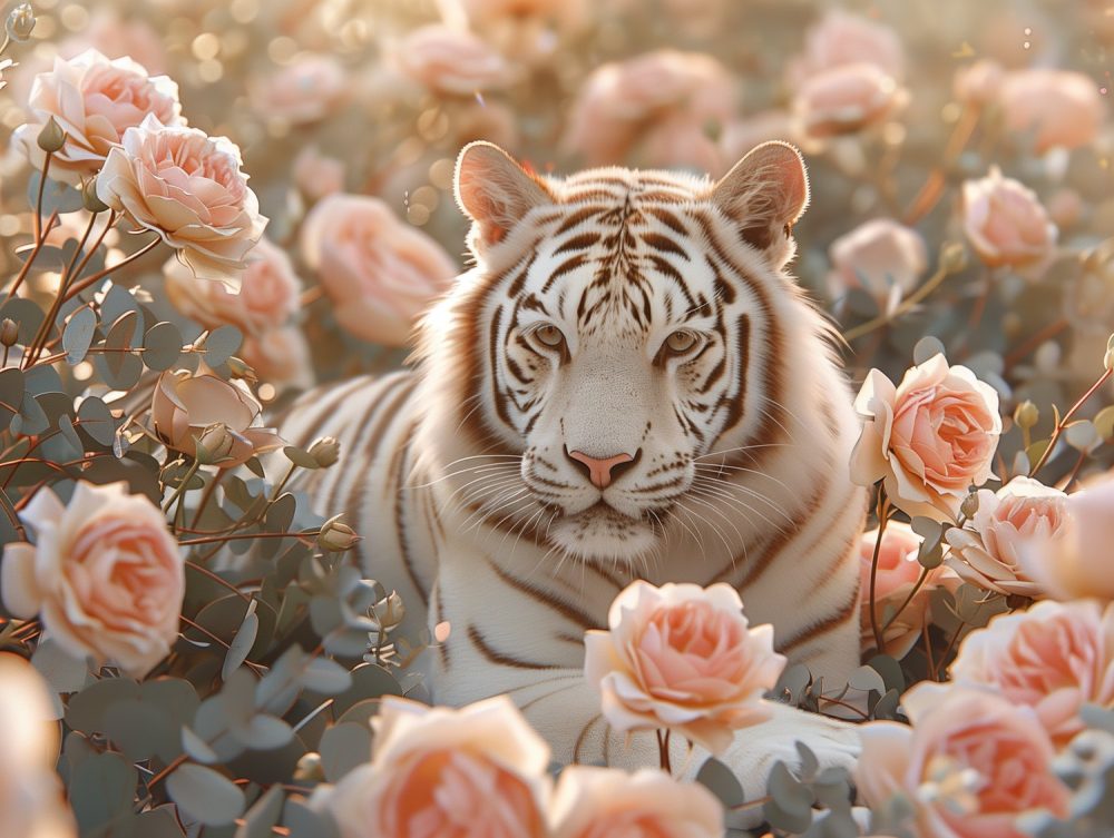 Witte Tijger in Rozen behang