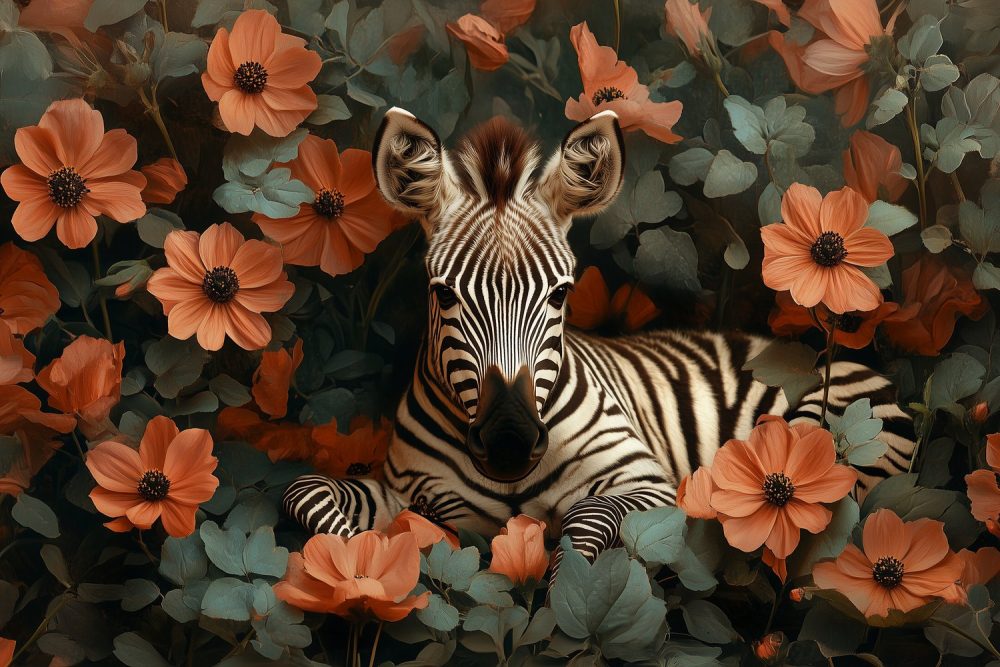 Zebra in oranje bloemenveld behang