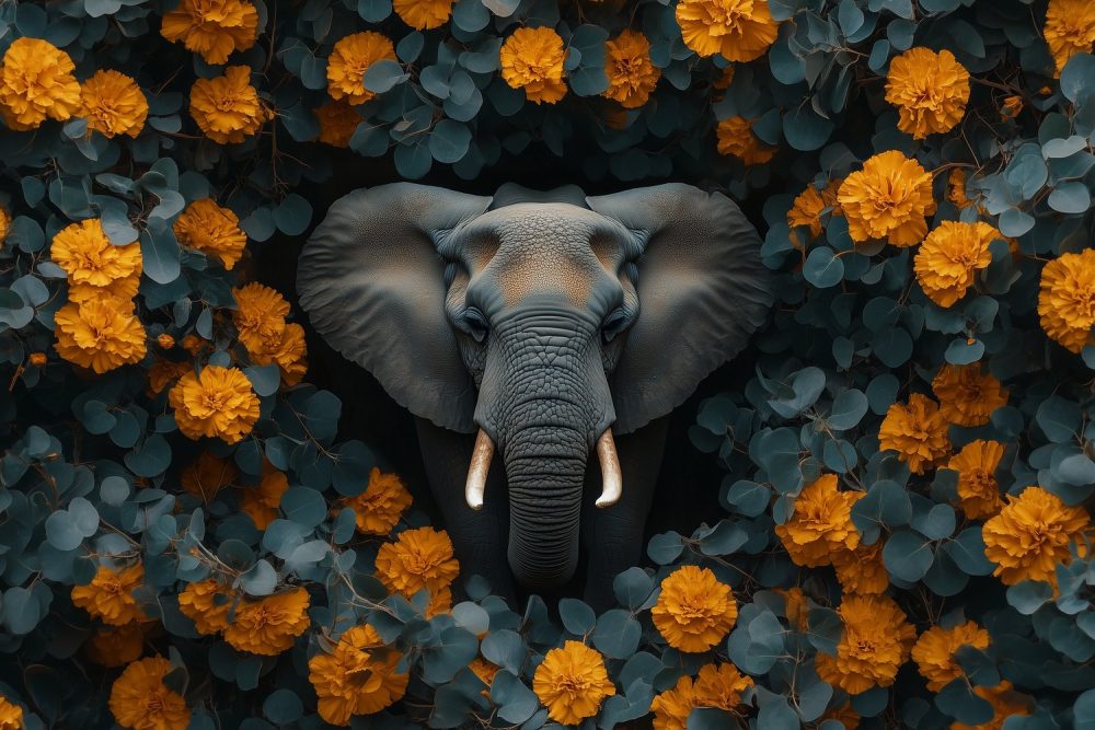 Grijze olifant tussen oranje bloemen behang