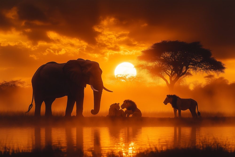 Zonsondergang met olifanten en leeuwen behang