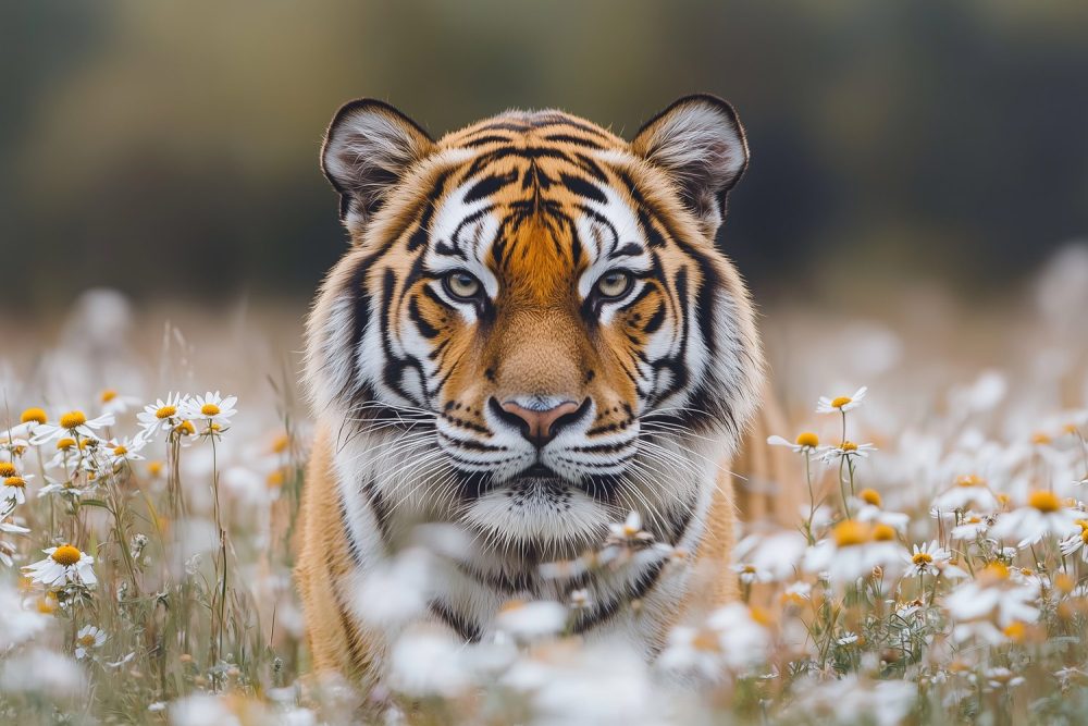 Majestueuze tijger in bloemenveld behang