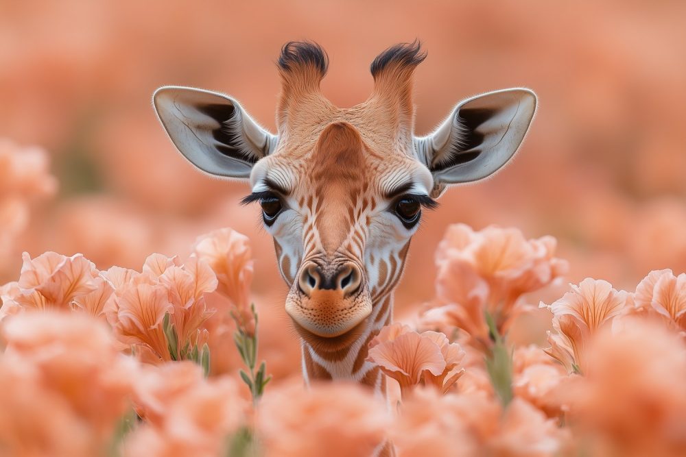 Giraf in oranje bloemenveld behang