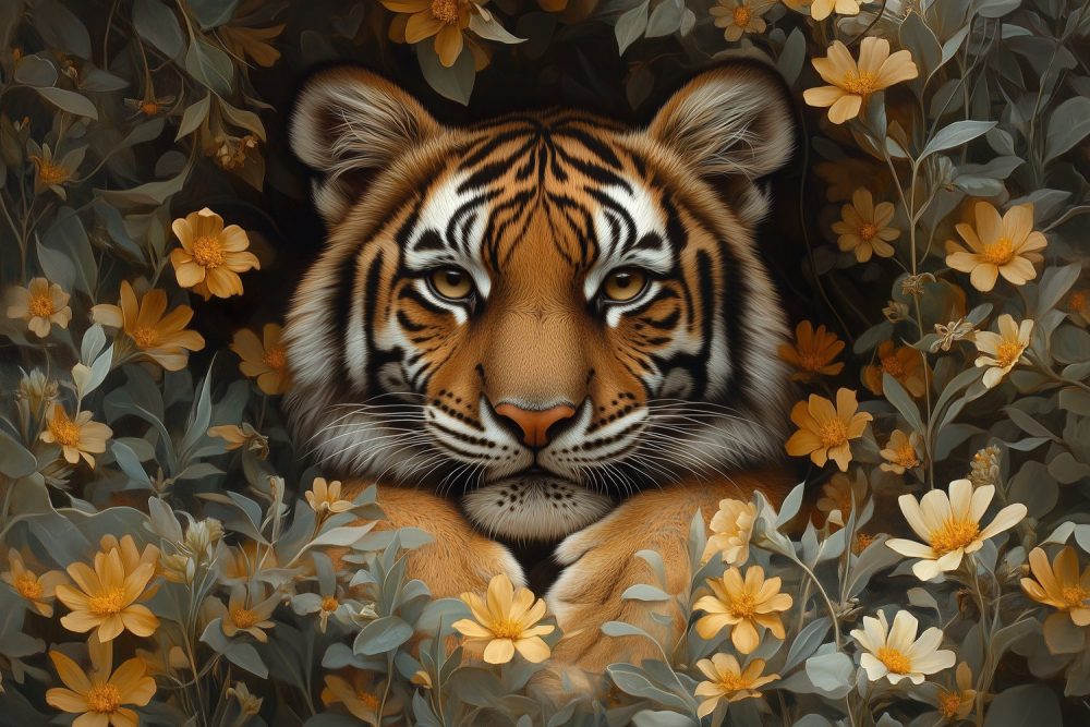 Tijger in bloemenpracht behang