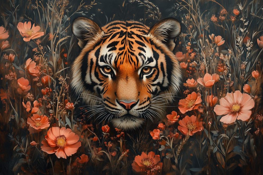 Tijger tussen bloemenpracht behang