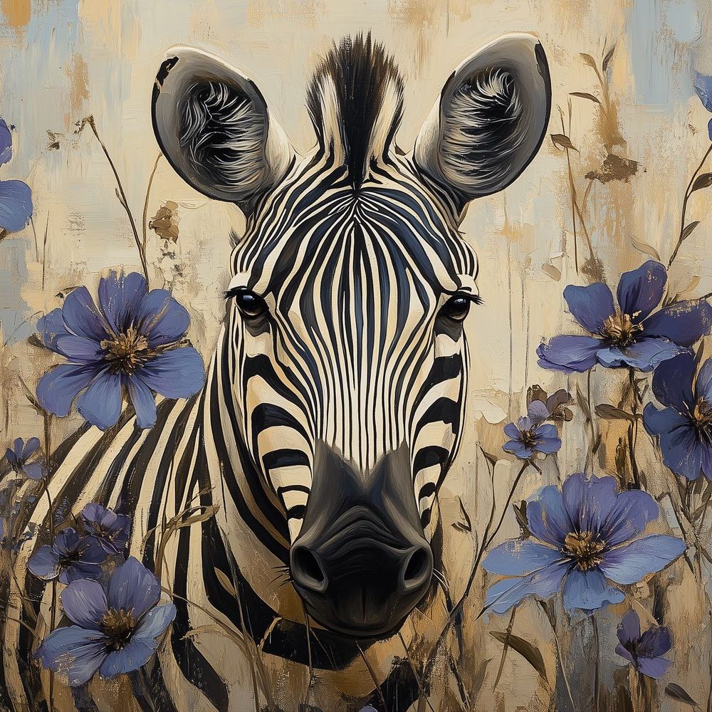Blauwe bloemen zebra schilderij behang
