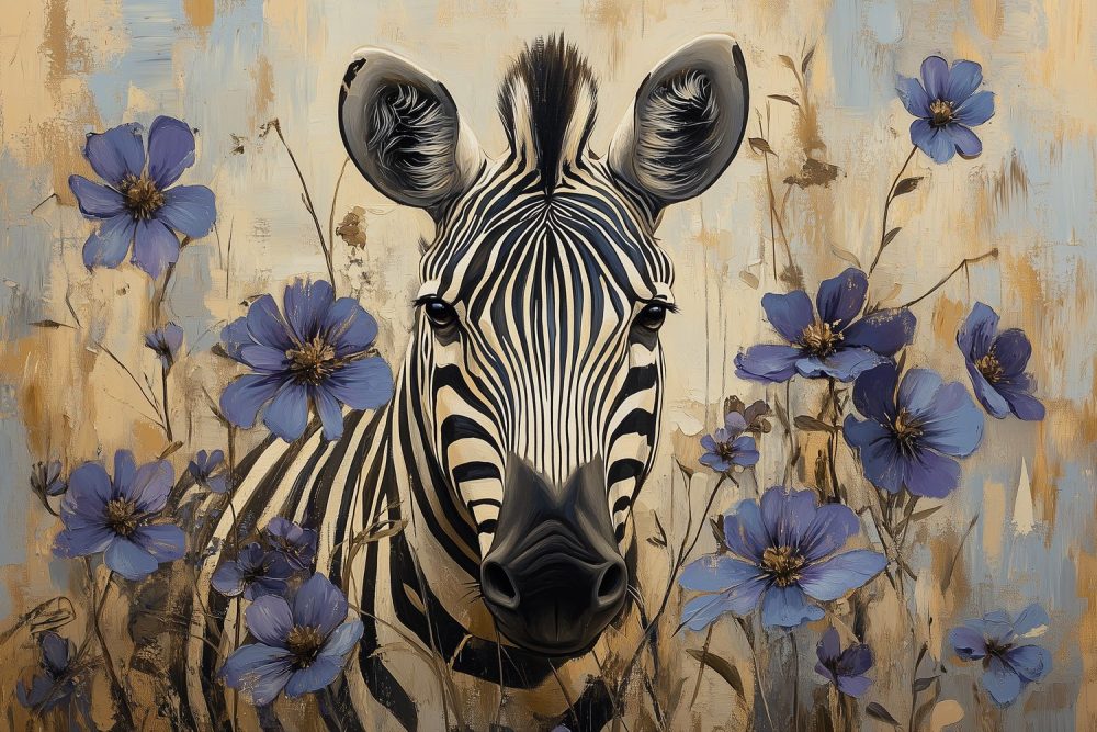 Blauwe bloemen zebra schilderij behang