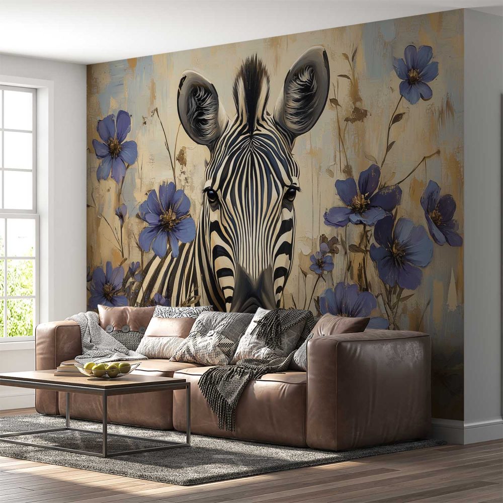 Alternative view of Blauwe bloemen zebra schilderij behang