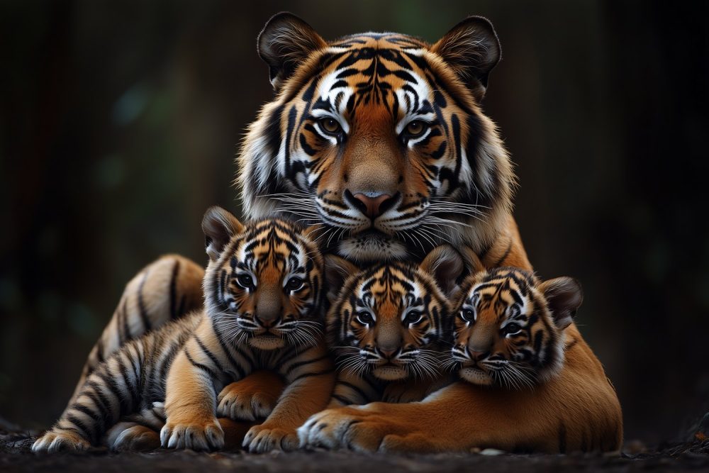 Tijgerfamilie in het bos behang