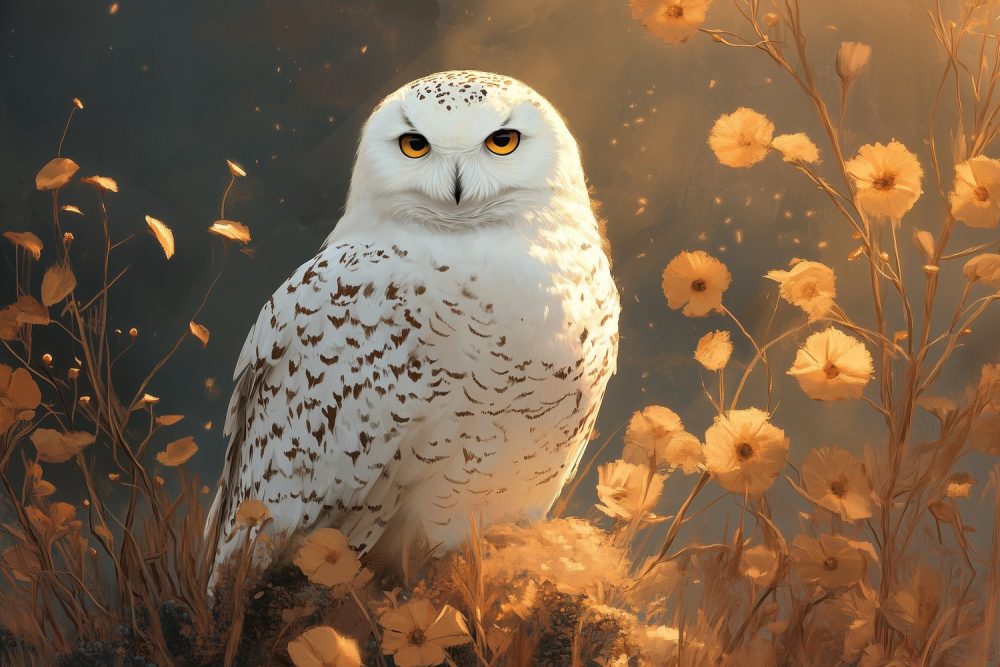 Witte uil tussen bloemen behang