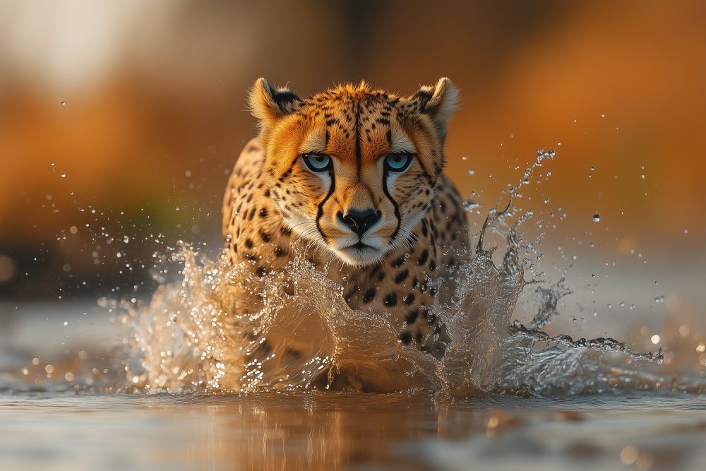 Sprintende Jachtluipaard in Water behang