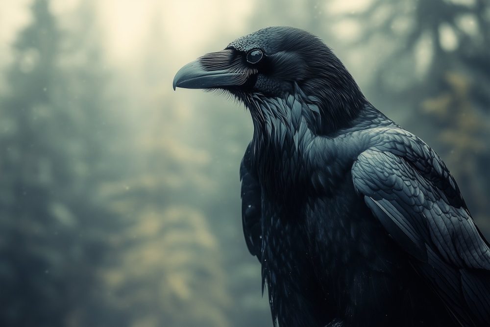 Zwarte vogel in bos behang