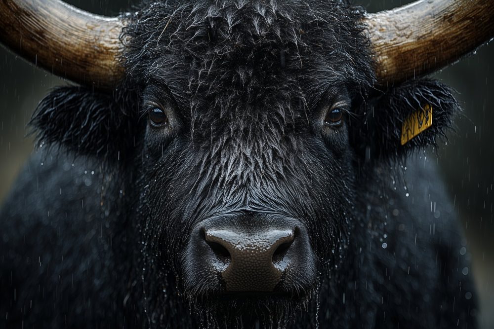 Regenachtige zwarte stier behang