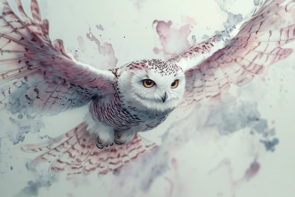 Vliegende uil waterverfschilderij behang