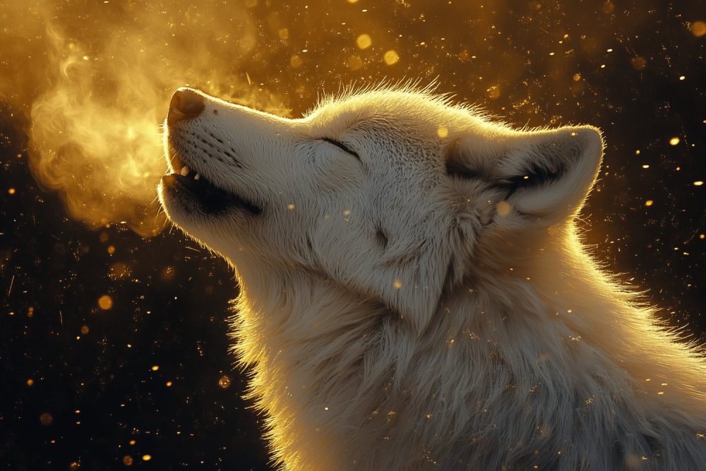 Hoevende witte wolf behang