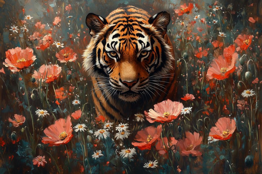 Majestueuze tijger in bloemenveld behang
