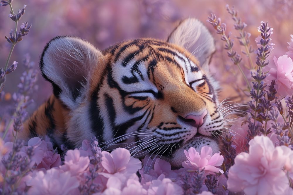 Rustende tijger in paarse bloemen behang