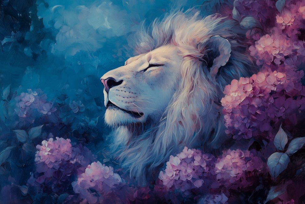 Majestueuze leeuw in bloementuin behang