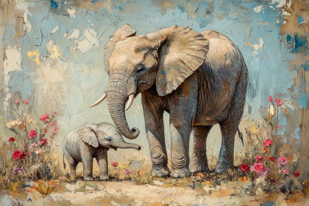Moeder en baby olifant behang