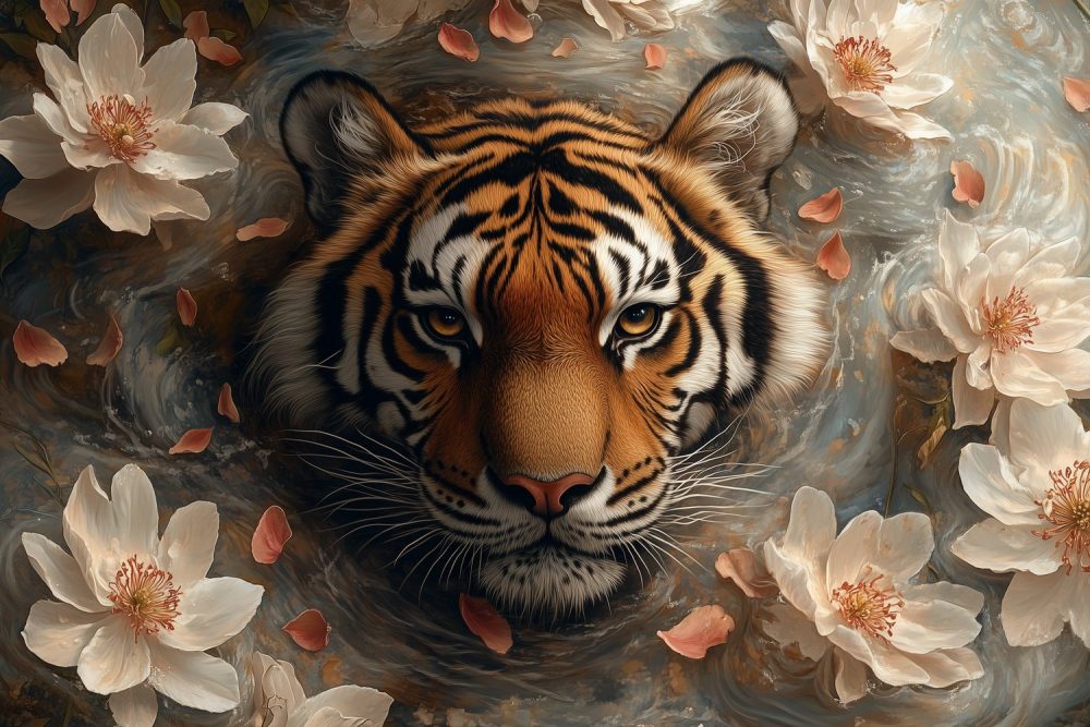 Tijger tussen kleurrijke bloemen behang