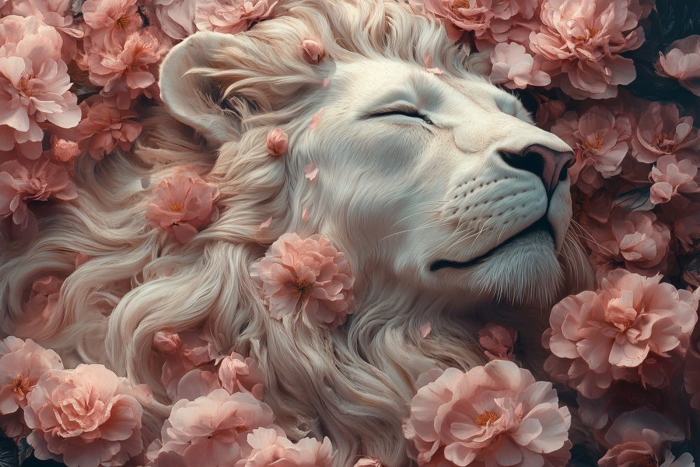 Roze bloemen omringende leeuwenkop behang