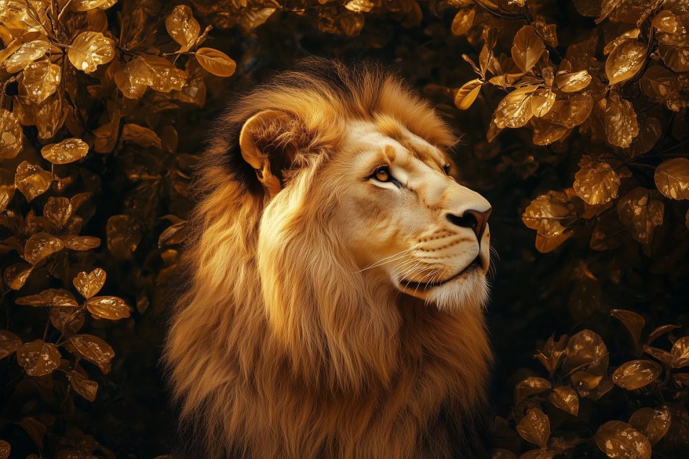 Koninklijke leeuw in bos behang