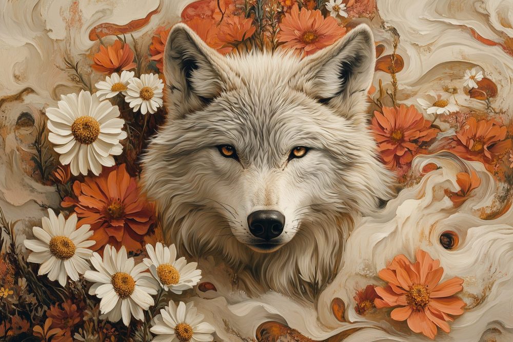 Wolf tussen oranje bloemen behang