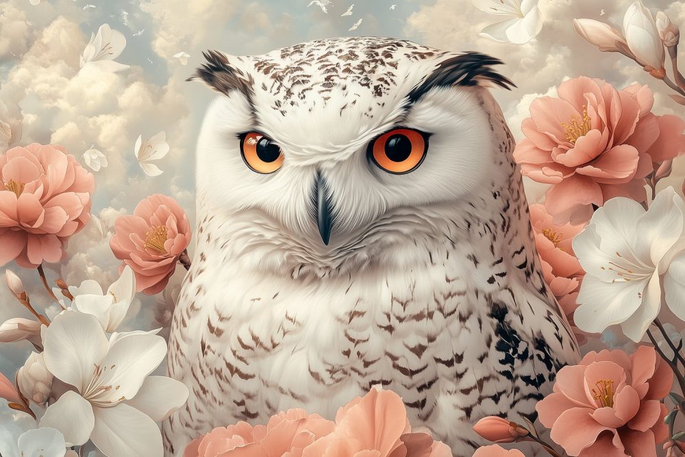 Witte uil tussen bloemen behang