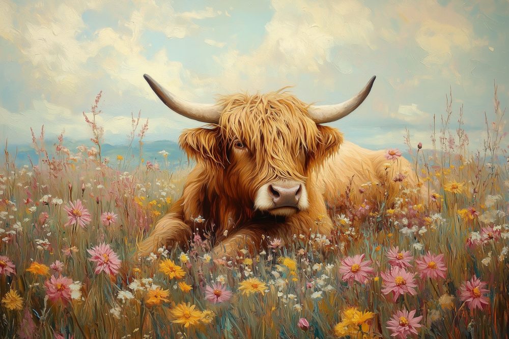 Koe in bloemenveld behang
