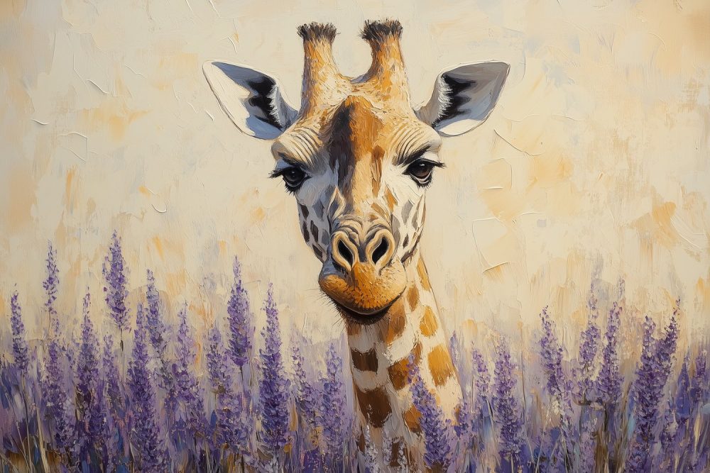 Giraf in paarse bloemenveld behang