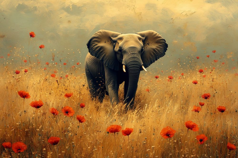 Majestueuze olifant tussen klaprozen behang