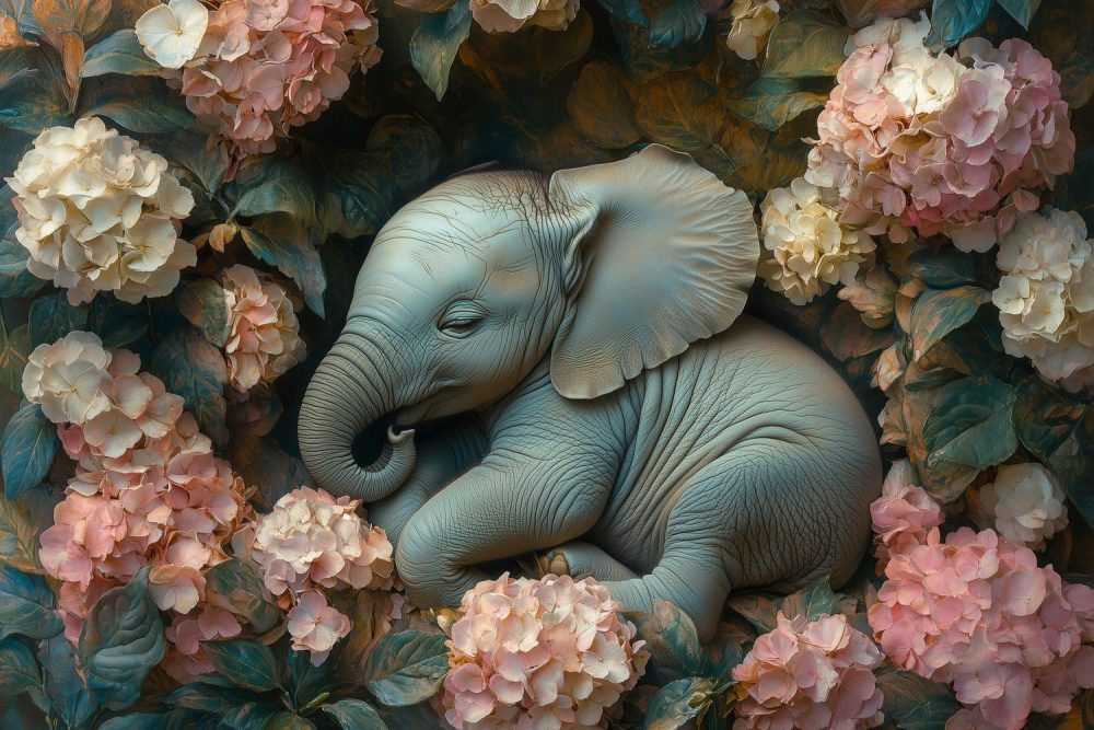 Rustige Olifant tussen Bloemen behang